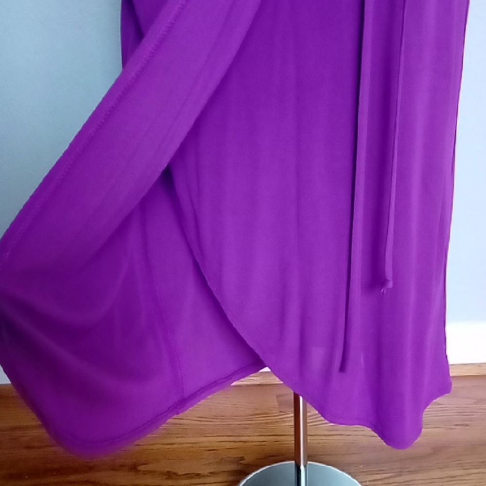 Nanette Lepore Ruched Faux Wrap Magenta Midi Dress V-Neck Stretch Jersey Size 2 - Picture 4 of 8